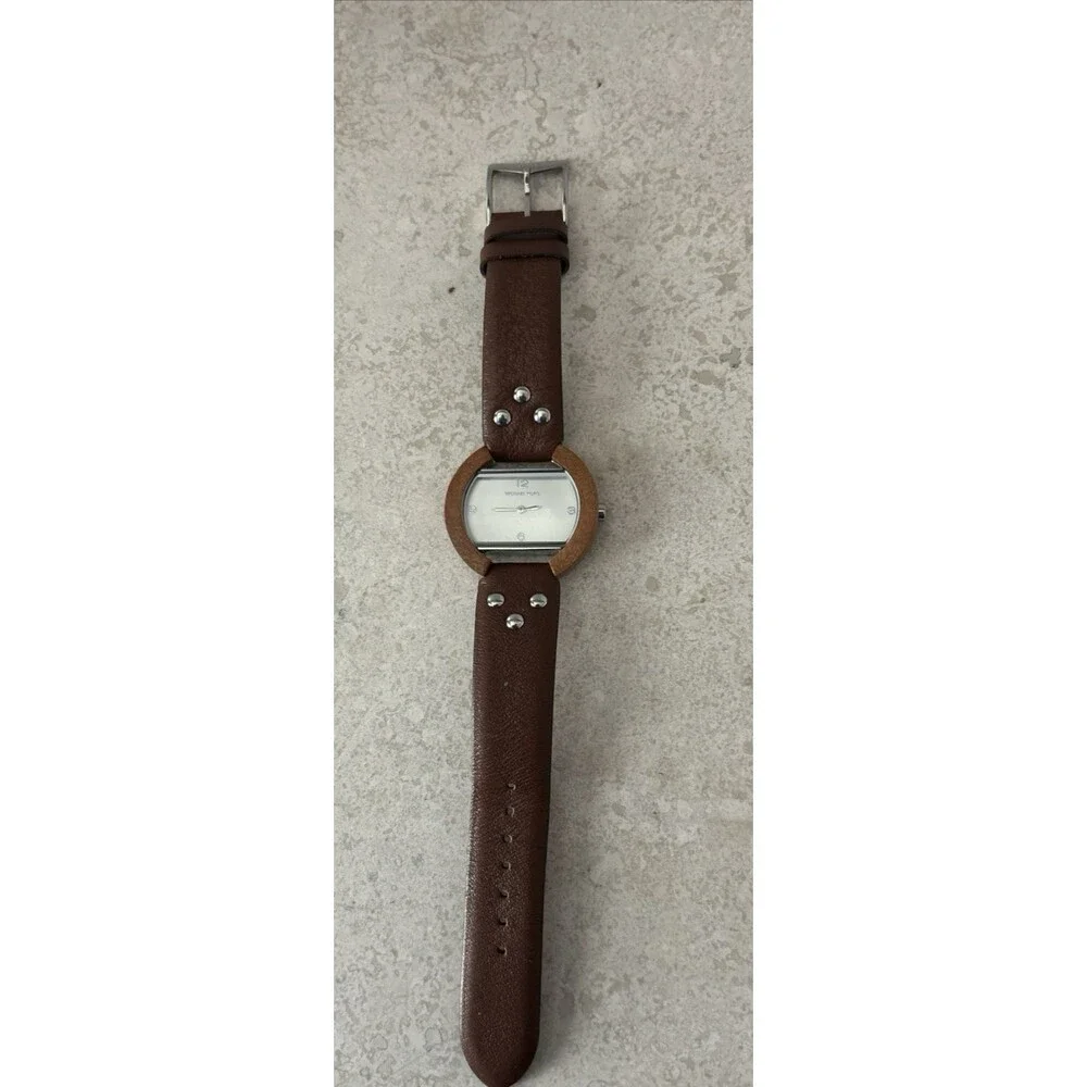 Michael Kors Women’s Wood Bezel Brown Leather Quartz Watch Silver New Battery
